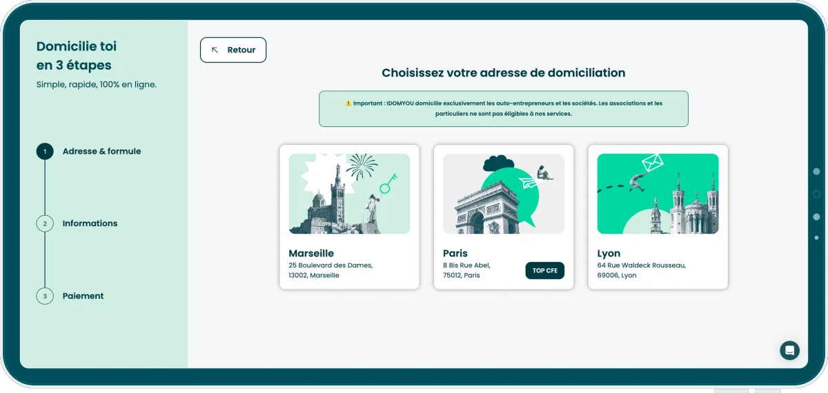 Écran de choix de l'adresse de domiciliation dans l'espace IDOMYOU, première des trois étapes